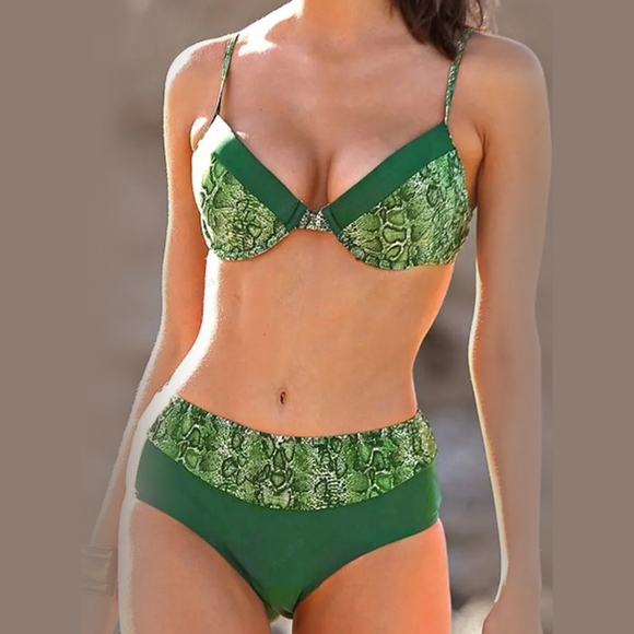 Snake Print Bikini Set – Green Colorblock, Adjustable Push-Up Top, Full Coverage - Picture 3 of 13